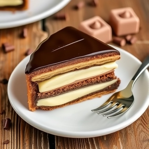 A slice of chocolate eclair cake with layers of vanilla pudding and chocolate ganache on a white plate.